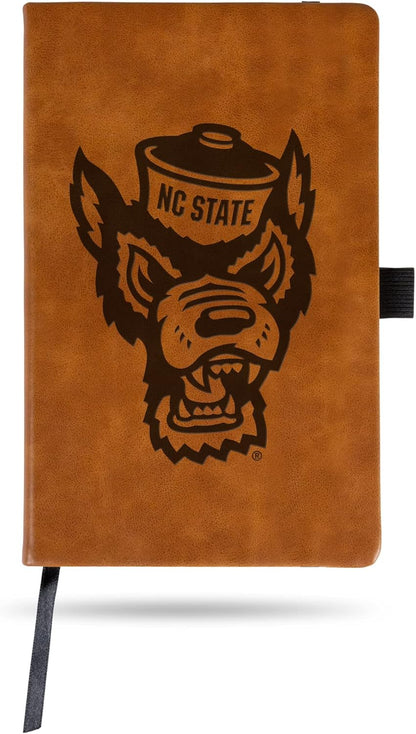 Brown notebook with NC State wolf head logo on a white background