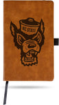 Brown notebook with NC State wolf head logo on a white background